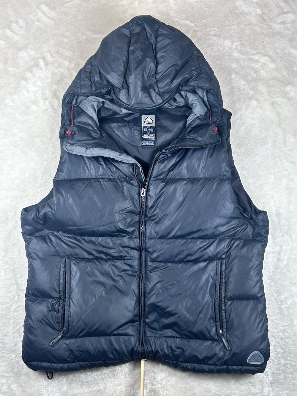 NIKE ACG Down Vest Youth Sz XL Women’s L Mens M Black Hooded Goose Down Full Zip
